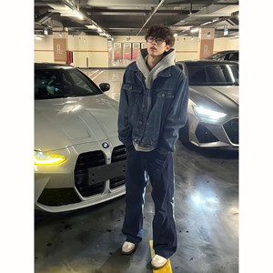 
American high street dark blue denim jacket men's autumn and winter high-end lapel denim cleanfit work jacket