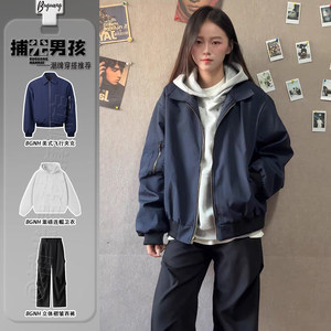 
foygob Navy American Flight Jacket Cotton Clothes Boys Wear A Complete Set of Spring Couple Lapel Baseball Uniforms