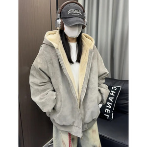 
American retro pu leather mountain carving cotton coat for men and women winter imitation rabbit fur hooded coat plus velvet thickened couple cotton coat
