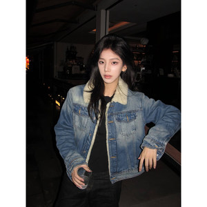 
American retro sherpa denim jacket men's winter short silhouette workwear cotton coat Korean chic couple coat