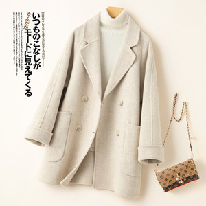 Autumn and winter Hepburn style off-season double-sided cashmere coat for women's mid-length loose Korean style herringbone wool wool jacket
