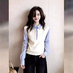 Commuting Outfit: Striped Shirt for Women, 2026 New Spring Fashion Shirt with Unique Design, Faux Two-Piece Top