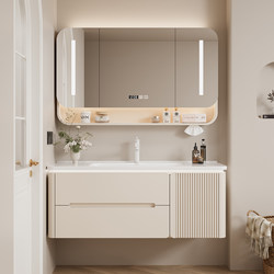 Solid Wood Multi-Layer French Cream-Style Bathroom Cabinet with Integrated Ceramic Basin, Bathroom Sink and Washbasin Cabinet Combination