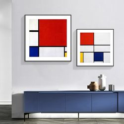 Mondrian Red, Blue, and Yellow Block Grid Decorative Painting for Model Rooms, Apartments, Studios, Geometric Abstract Niche Wall Art