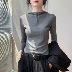 Korean Style Half-Zip Long-Sleeve Top T-Shirt for Women 2026 Autumn New Trendy Slim-Fit Hooded Sweatshirt Base Shirt