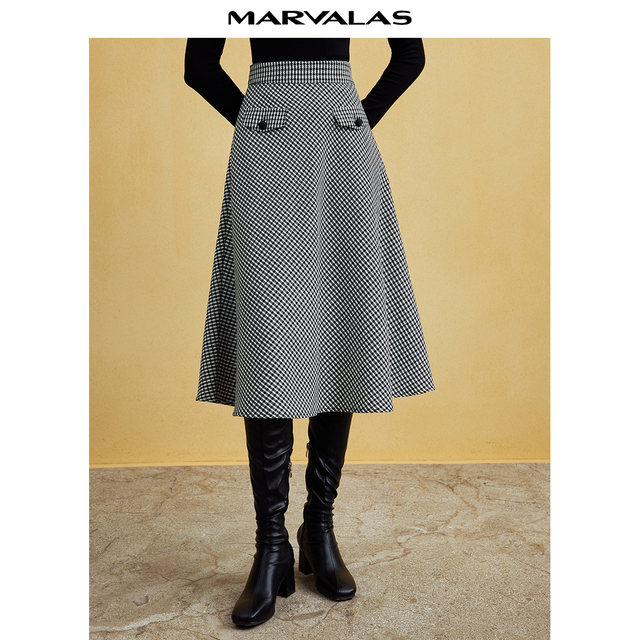 Mandes retro black and white plaid skirt 2025 spring and autumn new high-waist worsted wool classic A-spoke skirt