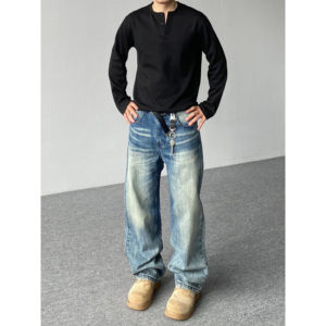 
98SQUID American retro gradient bamboo pattern jeans for men and women, loose washed whiskers straight casual trousers