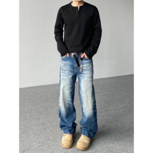 
98SQUID American high street washed gradient whisker jeans for men and women loose casual casual straight leg trousers trendy