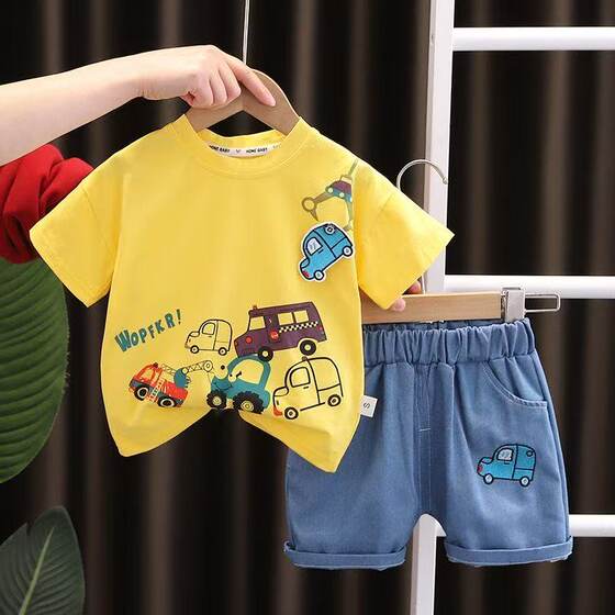 
Genuine parent-child boy cartoon set 2026 summer new children's pure cotton baby baby handsome two-piece set