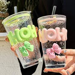 Water Cup, Summer Cup, New Model for Women 2024, High Aesthetic Value, Household Drinking Water Cup, Student Straw Glass Cup, High Temperature Resistant, Coffee