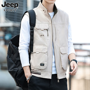 
JEEP Jeep men's reversible vest 2026 new pure cotton stand-up collar work vest multi-pocket photography vest