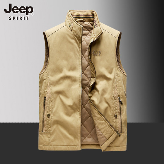 
JEEP Jeep Men's Pure Cotton Working Vest 2025 Autumn and Winter New Cotton Warm Stand Collar Horse Clip Casual Vest