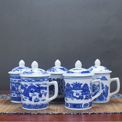 Jingdezhen Flagship Store Jingdezhen Ceramic Water Cup with Lid, Blue and White Porcelain Cup, Office Meeting Room Cup, Traditional Style