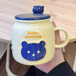 Jingdezhen Cute Cartoon Bear Ceramic Mug Breakfast Cup Gift Water Cup High Aesthetic Value with Lid and Spoon for Home Use