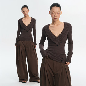 
LINY LIBERTY retro design slim fit V-neck overlapping placket knitted sweater women's waist bottoming top