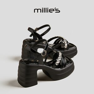 MILLIE'S/MILLIE'S/MILLIE open-toe thick heel French rhinestone stitching design fashionable simple versatile fashion sandals