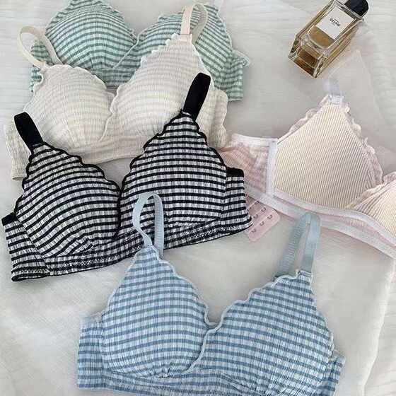 
Direct selling new French simple plaid small breast push-up underwear for young ladies comfortable no steel rims thin student triangle