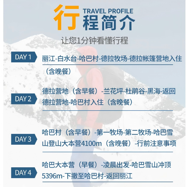 【2-8人徒步雪山登顶】哈巴雪山黑海湖4日纯玩白水台提供装备初级
