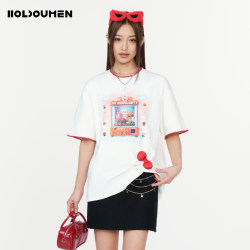 Holdoumen26 Spring and Summer Daily Series Printed Contrasting Color Hemmed T-Shirt