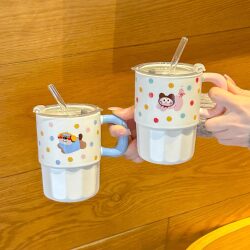 Cute Polka Dot Puppy Straw Cup with Lid, High-Looking Couple Mug, Household Ceramic Water Cup, Birthday Gift