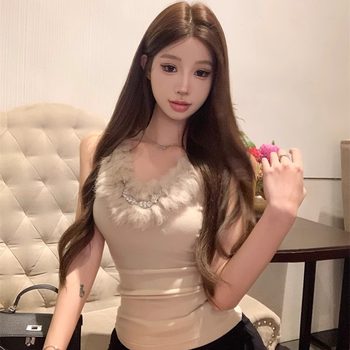 Khaki fur collar splicing suspender vest 2024 winter slim design and temperament sleeveless short top wear outside
