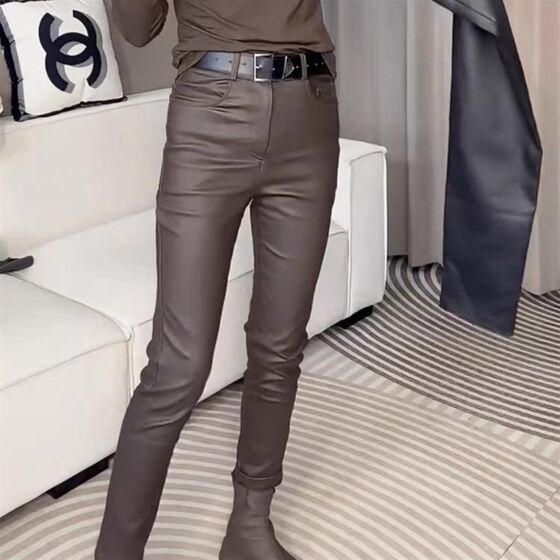
High-end temperament coated pencil pants for women winter new u brushed leather small-leg pants fashion versatile straight pants protein leather