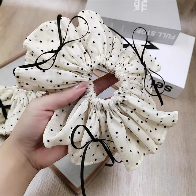 Korean sweet girl chiffon beige white polka dot black bow ribbon large intestine loop hair tiara hair accessories