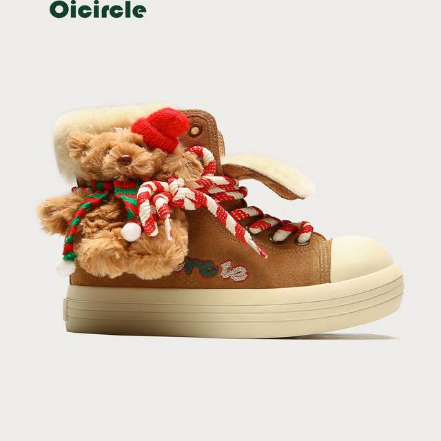 
OICIRCLE Mickey big-head high-top Christmas bear cotton shoes plus velvet and thickened wool warm snow boots thick-soled women's boots