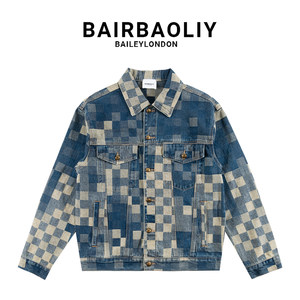 
BAIRBAOLIY American Light Luxury Mosaic Checkerboard Denim Jacket Trendy Pure Cotton Loose All-match Jacket Men