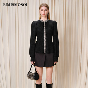 Eimismosol round neck knitted cardigan women's autumn new mid-length long-sleeved diamond sweater