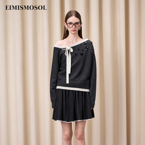 
Eimismosol autumn new oblique shoulder long-sleeved pullover sweater women's slim slim design sweater