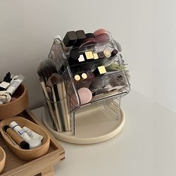 360-Degree Rotating Makeup Storage Box Desktop Dressing Table Lipstick and Skin Care Product Storage Rack Square Transparent Large Capacity