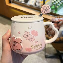 Jingdezhen Ceramic Cup for Women, High Aesthetic Value Mug with Lid and Spoon, Cute Couple Coffee Cup for Home Use