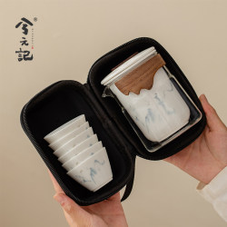 Xi Yuan Ji Sheep Fat Jade Porcelain Travel Tea Set - One Pot and Six Cups, Portable Outdoor Single-Person Quick Tea Set