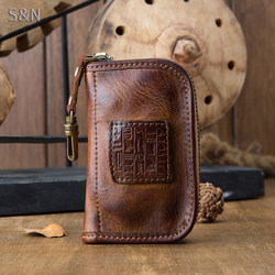 Handmade Cowhide Key Bag for Men, Zipper Waist-Hanging Car Key Bag, Genuine Leather Wallet for Women, Multifunctional All-In-One Bag, Trendy
