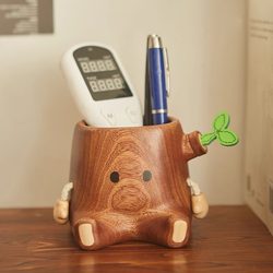 Original Stump Pen Holder by Wanmu, Creative and Cute Decoration for Desktop, Living Room Storage, Birthday Gift, High-End Solid Wood Ornament