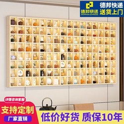 Solid Wood Lattice Shelf with Light, Wall-Mounted Storage Cabinet, Tea Pot, Tea Cup, Tea Leaf Display Rack, Antique Display Shelf