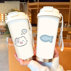 Cat and Fish Thermos Cup with Straw, Large Capacity, Portable Water Cup for Girls, Coffee Cup for Couples, High Aesthetic Value for Car Use