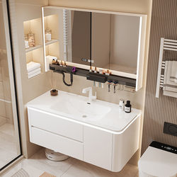 Guangdong Foshan Solid Wood Bathroom Cabinet with Integrated Ceramic Basin, French Cream Style Smart Mirror Cabinet Combination Washbasin