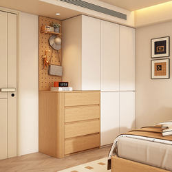 Bedroom Wardrobe with Solid Wood Curved Edges, Drawer Cabinet with Pegboard, Multifunctional Storage Cabinet, Full-Height Wardrobe with Extra Height