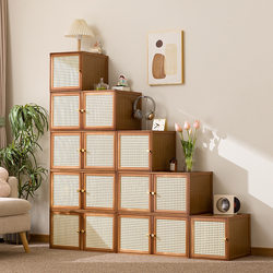 Japanese-Style Bamboo Storage Cabinet, Bookshelf-Style Rattan Door Multifunctional Storage Cabinet, Versatile Space, Freely Combinable Grid Cabinet