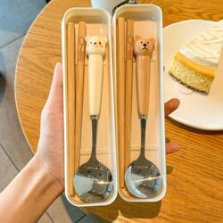 Cute Bear Chopsticks and Spoon Set Stainless Steel Student Single-Use Children's Fork Cutlery Portable Storage Box