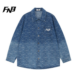 
FNB American retro denim shirt, autumn men's and women's full-body jacquard letter logo loose design jacket