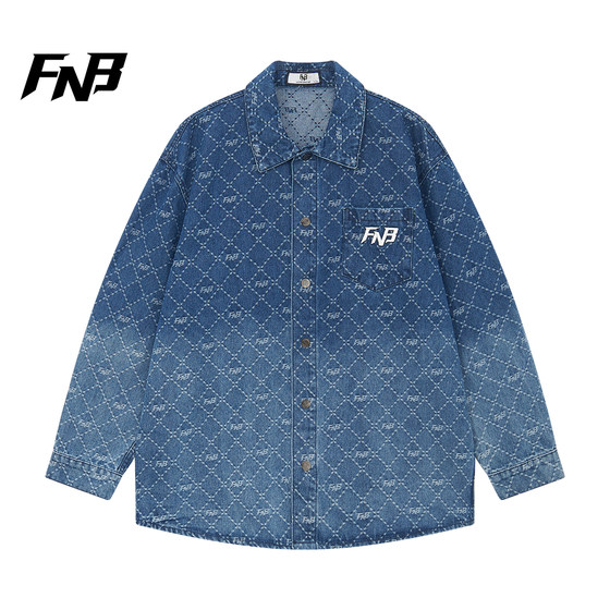 
FNB American retro denim shirt, autumn men's and women's full-body jacquard letter logo loose design jacket
