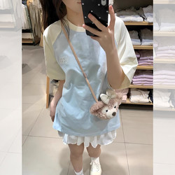 2025 New Style Color-Block Raglan Pure Cotton Short-Sleeve T-Shirt for Girls, Older Children, Summer, Junior High and High School Students, Loose Top