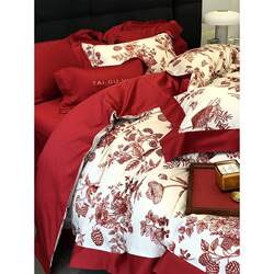 Modern wedding cotton four-piece set pure cotton wedding floral digital printing quilt cover bedding sheet red