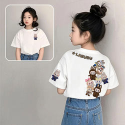 Labubu Children's T-Shirt for Girls, Short-Sleeved, 2026 New Popular Style, Cute, Medium and Large Children's Clothing, Pure Cotton, Stylish Top