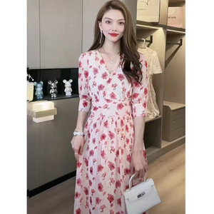 
2024 new summer high-waisted dress, versatile, long, slimming, floral skirt, women's popular wear
