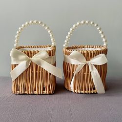 Souvenir Pearl Hand Basket, Rattan and Wicker Basket, Wedding, Full Moon, Engagement Return Gift, Holiday Gift Basket, Woven Flower Arrangement