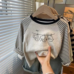 Children's Clothing Rabbit and Bear Print Pure Cotton Long-Sleeve T-Shirt for Boys and Girls, Fashionable and Stylish Color-Block Striped Top ins Trend